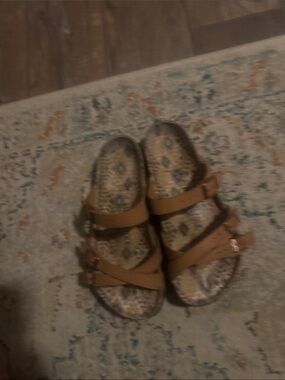 Birkenstock Brown Strappy Slide Sandals with Patterned Footbed